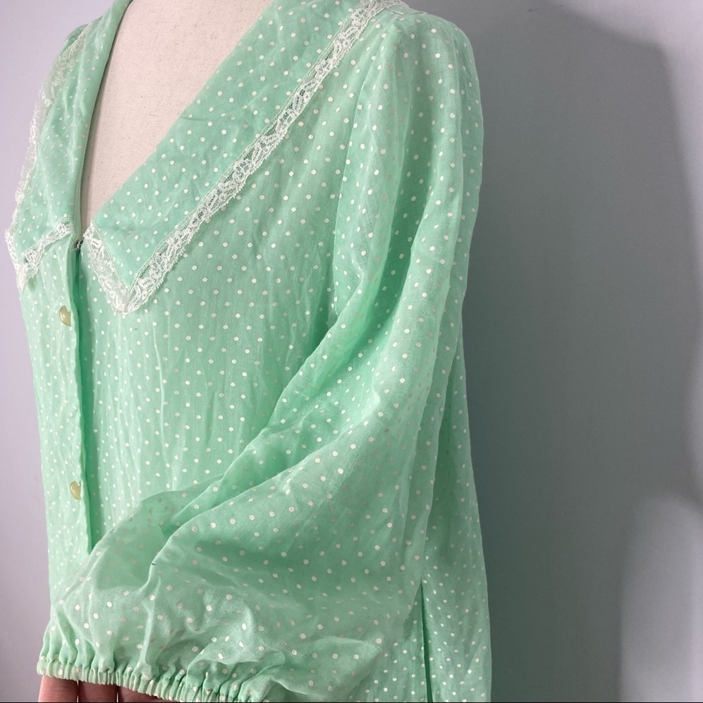 Vintage Green Polka Dot Long Button Front House Coat Night Gown - Picture 4 of 7